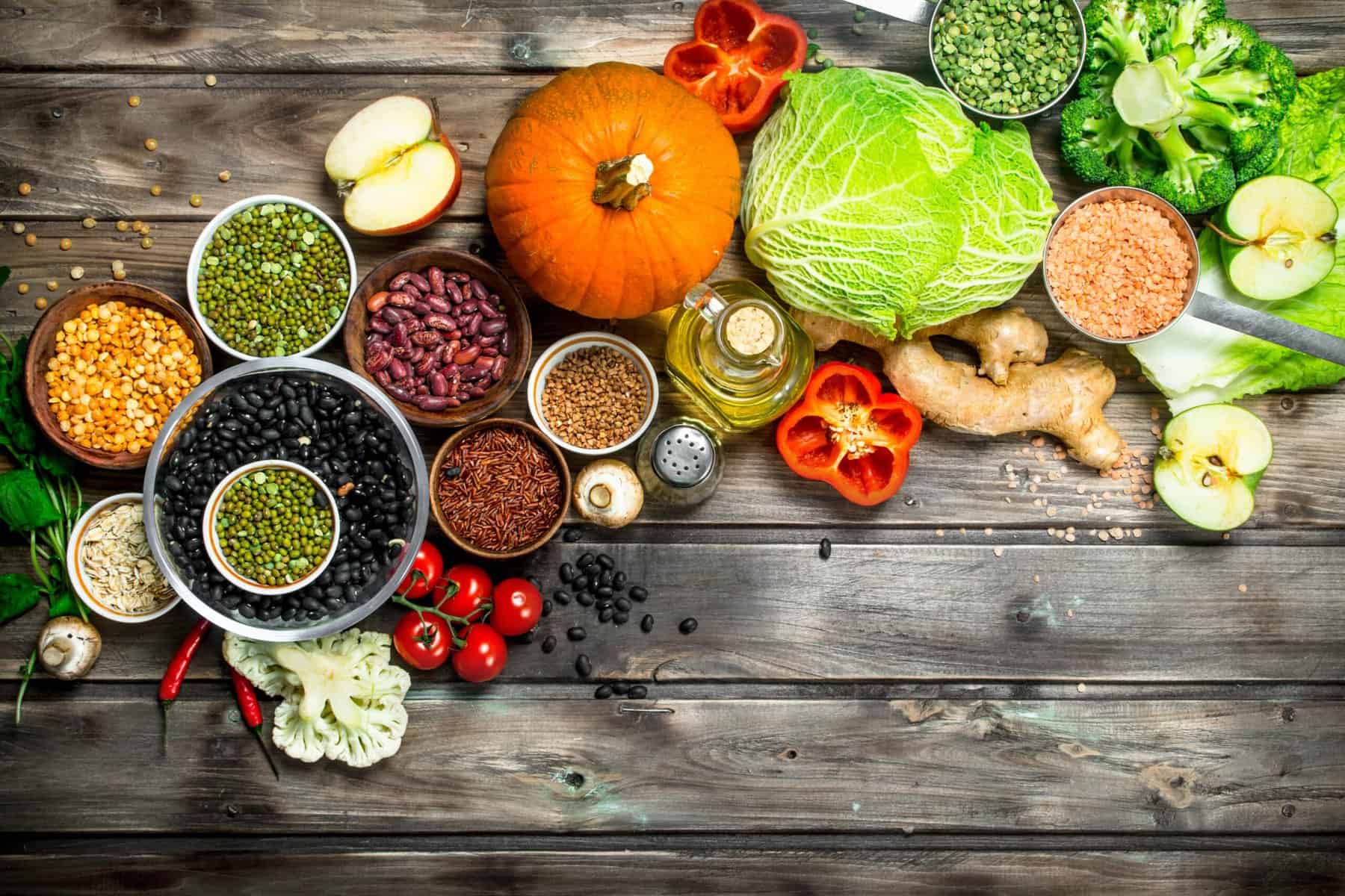 Healthy food. Healthy assortment of vegetables and fruits with legumes